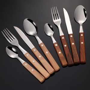 Restaurant Stainless Steel Flatware Steak Knife Fork Spoon Silverware Utensils Wooden Handle Silver <strong>Cutlery</strong> - Product Image 1