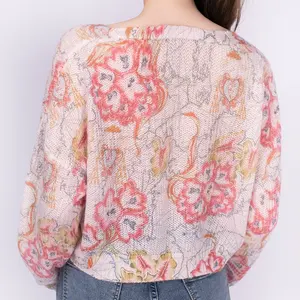 Blusa de mohair feminina de malha com estampa de botão jacquard de gola V, blusa de mohair de manga comprida para mulheres, suéter personalizado de 2024