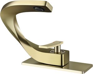 Homili, grifo de lavabo de baño de latón macizo de 1 3 agujeros, grifo de tocador de un solo mango con caño burbujeador, diseño de cascada, oro cepillado - Product Image 1