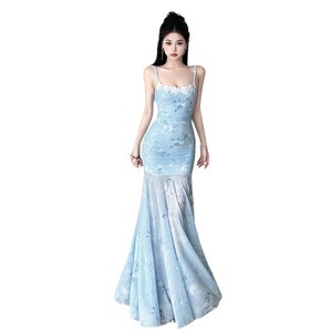 French Style Light Blue Floral Print Mesh Suspender Dress Women Natural Waist Sweetheart Neckline Fishtail Bodycon Maxi Evening - Product Image 5