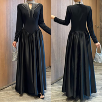 Robe Abaya de Luxe Noire en Satin de Dubaï pour Femme, Manches Longues, Col Orné de Strass, Maxi Formelle de Soirée pour Mariage et Fêtes
