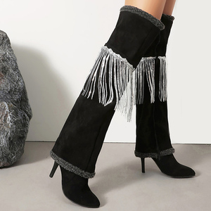 Bottes hautes à franges pour femme, grande taille 45, en daim et fourrure, à revers, bout pointu, talons aiguilles - Product Image 3