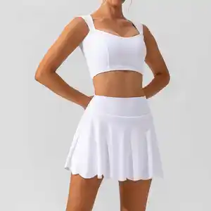 Đơn sắc Ruffle váy HEM nhanh chóng khô Nude cảm thấy bên ngoài chạy thể thao khiêu vũ thể dục Yoga hai mảnh Ngắn váy Tank Top S