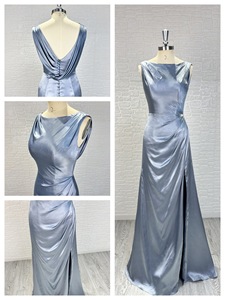 미니멀리스트 주름 장식 새틴 들러리 원피스-실버 회색 하이 슬릿 이브닝 가운 파티 원피스 - Product Image 6