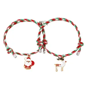 Cute Dangle Elk Charms Santa Claus Christmas Rope Woven Adjustable Bracelet Jewelry Designer