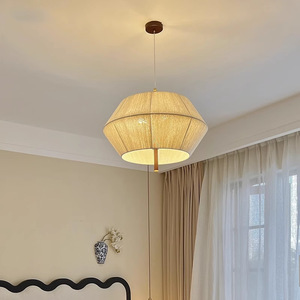 Japanese-Style Solid Wood Minimalist Bedroom Chandelier Vintage Woven Fabric Pendant <b>Light</b> for Living Study <b>Dining</b> Room Lighting - Product Image 6