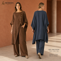 Ensemble Kaftan asymétrique à boutons sur le devant, pantalon large en mélange de lin, marron chocolat, fabrication OEM ODM sur mesure