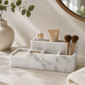 Organizador de Baño Moderno con Múltiples Compartimentos, Aspecto de Mármol Blanco, Almacenamiento de Resina para Encimera de Baño y Lavabo - Product Image 2