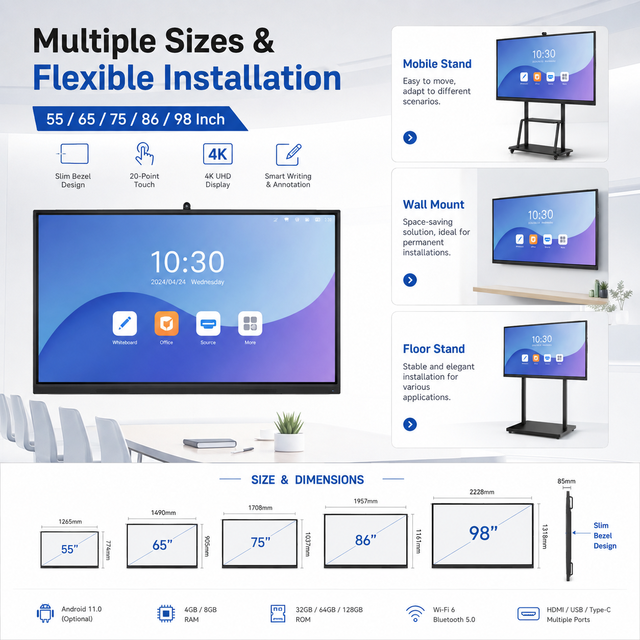 Interactive Smart Board 4K UHD Touch Screen Display Wireless Screen Sharing IPS Panel for 2.1 for Classroom Business Meetings