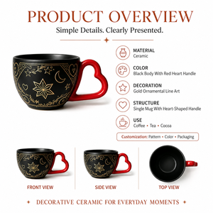 Mug en céramique personnalisé sur mesure, noir mat, avec gravure d'étoiles et de lunes célestes, poignée en forme de cœur rouge, cadeau original pour la Saint-Valentin - Product Image 4