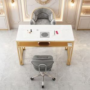 Table de manucure moderne en marbre, bureau de salon de beauté avec cadre métallique et aspirateur intégré - Product Image 1