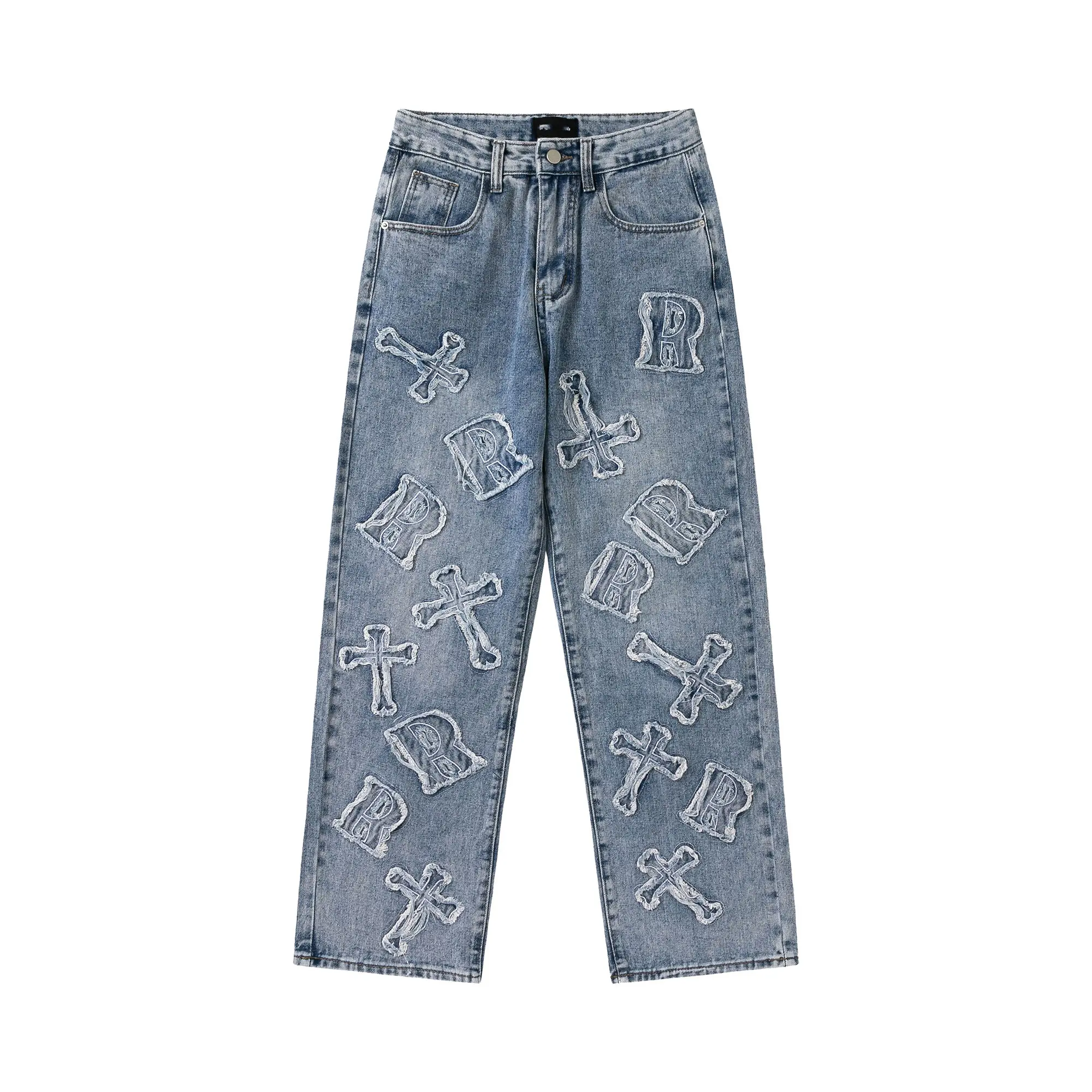 High Street Letter Embroidery Distressed Tassel Jeans Men Ins Hip Hop Loose Straight Long Pants Enzyme Wash Jeans High Quality