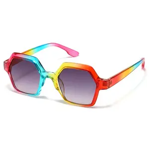 QSKY classic flat top beach volleyball sports shades sunglasses gradient lens colourful rainbow hexagonal frame uv400 sunglasses