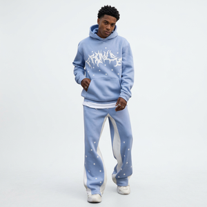 Premium <b>Light</b> Blue Hooded Tracksuit Set With <b>Star</b> Print Loose Fit Streetwear Joggers Full Length Cotton Sweatshirt And Pants - Product Image 1