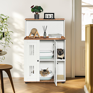 Cat Litter Cabinet Enclosure Double Door Hidden Furniture For 2 Cats With Storage <b>Shelves</b> And Ventilation Panels - Product Image 3