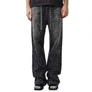 Jean en denim droit vintage personnalisé brodé style hip-hop avec strass, délavé, rivets et fermeture éclair pour homme - Product Image 2