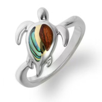 Bague en argent sterling 925 avec incrustation naturelle de bois de Koa hawaïen et de coquille d'ormeau, motif feuille de Maile, collection Vie Marine