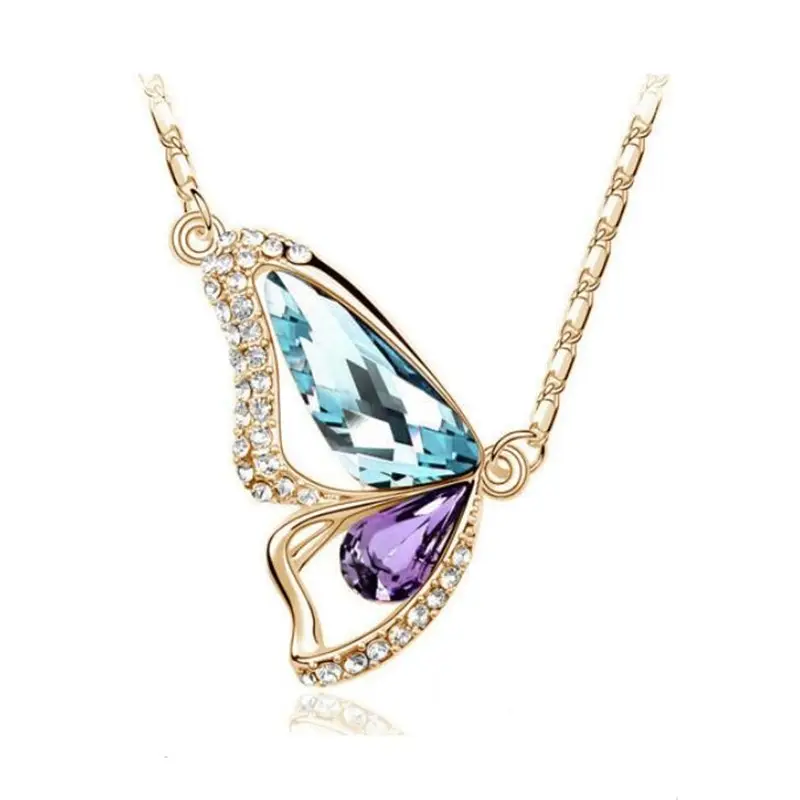 Rose Gold Color Austrian Crystal Color Butterfly Pendant Necklaces Wholesales Fashion Jewelry For Women