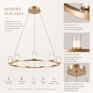 Lustre LED moderne en forme d'anneau, suspension cylindrique en verre, lampe suspendue circulaire en métal brossé pour salle à manger, villa, hôtel - Product Image 4