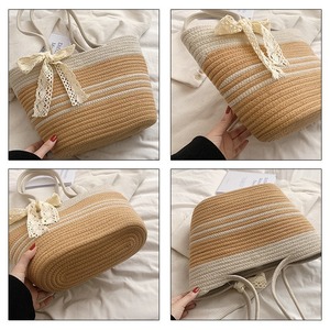 Large capacity woven <b>bag</b>, Korean style, shoulder <b>bag</b>, cotton thread, handbag, lace, <b>straw</b> woven <b>bag</b>, color-blocked beach <b>bag</b>, - Product Image 3