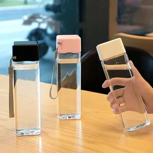Popular clear milk borosilicate bouteilles with portable lid square glass juice kids school office drinking water bottle