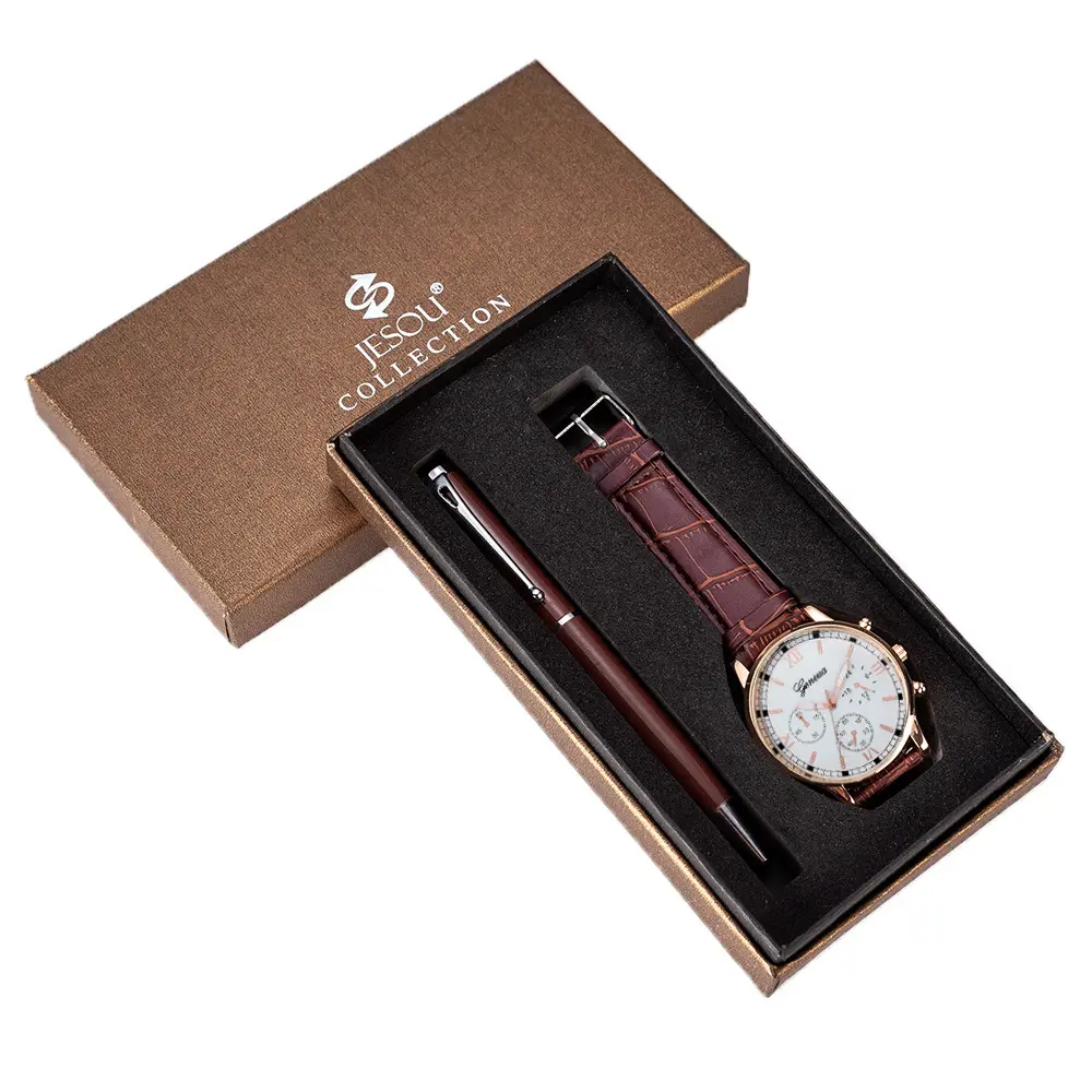 2023 Nieuwkomers Zakelijke Pen Bruin Horloge Set Pen Quartz Polshorloge Set Met Geschenkdoos Voor Cadeau