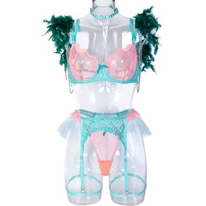 Ensemble de lingerie en dentelle Feather Lingerie 4 pièces, soutien-gorge en <span class=keywords><strong>tulle</strong></span> <span class=keywords><strong>transparent</strong></span>, porte-jarretelles, lingerie sensuelle pour femmes - Product Image 4