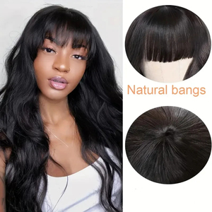 Perruque en cheveux humains noirs avec frange sans colle, prête à porter, ondulée, densité 180 %, fabriquée à la machine pour femmes, couleurs plus foncées uniquement - Product Image 4
