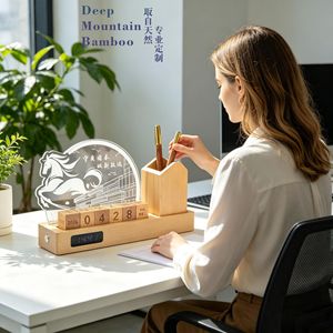 Deep Mountain Bamboo Wooden Perpetual Calendar Clock Pen Holder Desktop Ornament Office Gift - Product Image 1