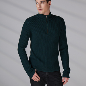Pull en laine mérinos côtelé pour homme, de haute qualité, design simple, couleur unie, avec logo personnalisé, col zippé quart, vente en gros - Product Image 3