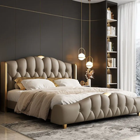 Fabricantes de Muebles de Dormitorio de Calidad, Cama King Size de Lujo Moderna con Estructura de Cuero, Cabecera Tapizada de Cuero para Cama Doble Alta