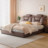 Lit capitonné moderne en cuir de luxe italien JUNYUHAO avec rangement, éclairage intégré et cadre ergonomique en pin – Tailles Queen et King
