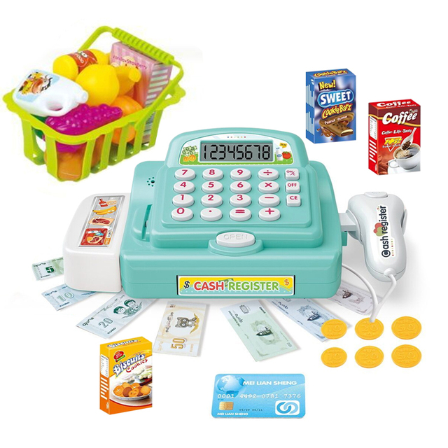 Kids Supermarket Pretend Play Play Cash Register Toy with Scanner with Food