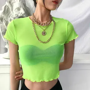 Yaz kadın örgü üstleri Tee gömlek Neon renk kırpma üst See Through