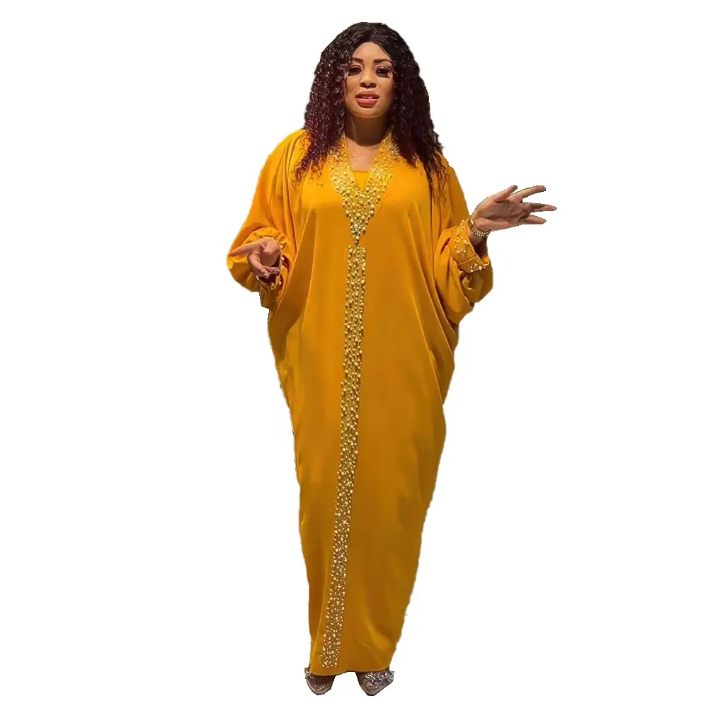 Supporto per la vendita Flash Boubou Africain Rayon tessuto abiti africani disegni strass e perline abbigliamento donna africana