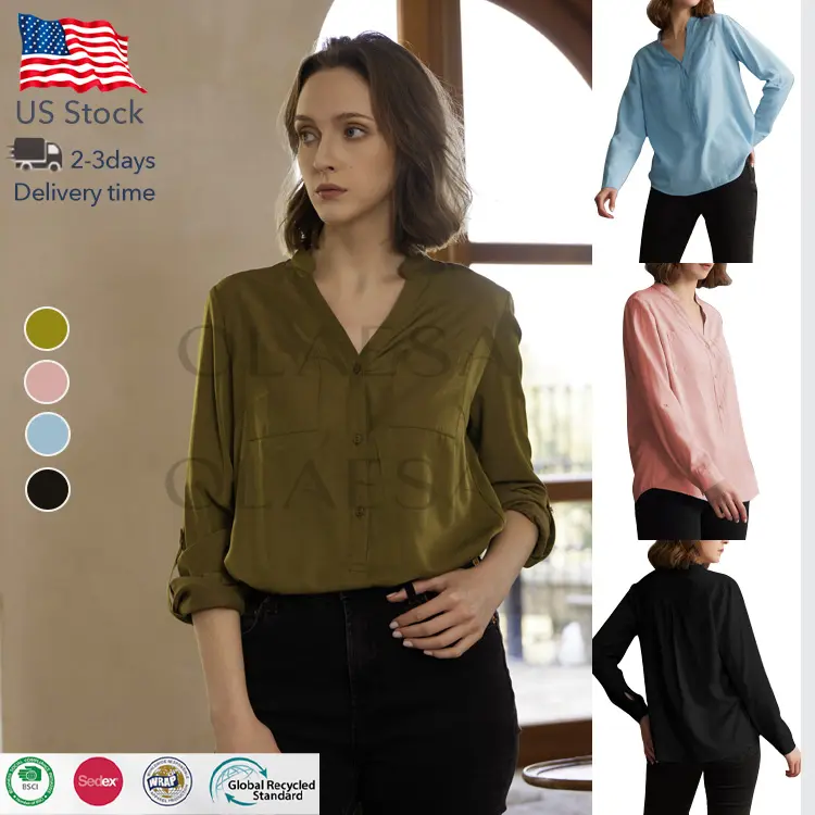 Ladies Loose Official Tunic Tops Plain Long Sleeve Blouse Custom Knitted Button Down Women Casual Business Blouses For Women