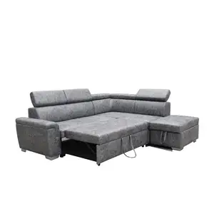 Sofa Prancis Klasik Bentuk L, Sofa Pojok Kain Elegan Modern dengan Sandaran Kepala Dapat Digerakkan