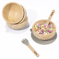 Service de vaisselle OEM pour enfants, salade de fruits, bols d'alimentation pour bébés en bambou, cuillère, fourchette, bols en bois avec base en silicone