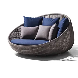 Tempat Tidur Sofa Luar Ruangan, Tempat Tidur Rotan PE Bulat Ganda untuk Taman Kolam Renang Tempat Tidur Matahari