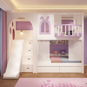 Nueva litera infantil con temática morada y tobogán, estructura <span class=keywords><strong>de</strong></span> madera maciza con almacenamiento, cama <span class=keywords><strong>de</strong></span> princesa para dormitorio <span class=keywords><strong>de</strong></span> niña, juego <span class=keywords><strong>de</strong></span> muebles. - Product Image 3