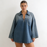Robes pour femmes en denim bleu délavé, col chemise, demi-zip, poches, coupe oversize, manches longues, mini, décontractées, respirantes, style streetwear