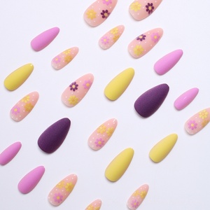 Faux ongles à presser Neon Flower Power, forme amande, finition mate, motifs floraux <span class=keywords><strong>rose</strong></span>/jaune vibrants, style Y2K, pour l'été - Product Image 1