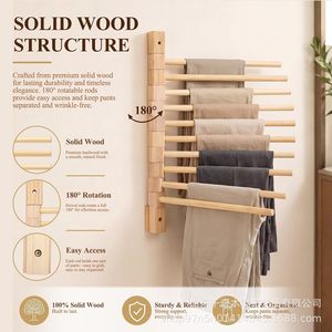 Wall Mounted Wooden Trouser Rack 8 Tier Foldable <b>Hanging</b> Clothing Organizer For <b>Wardrobe</b> Bathroom Laundry Room - Product Image 4