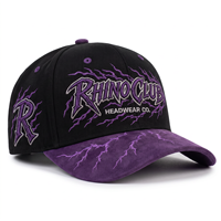 Gorra de béisbol de gamuza personalizada de fábrica con bordado 3D en relieve, estampado en relieve, diseño de rayo gótico, estilo Hip Hop RHINO Club para venta al por mayor