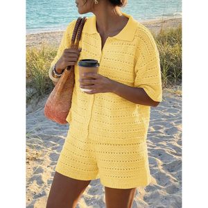 Ensemble crocheté 2 pièces pour femmes, cardigan en tricot, shorts, col Peter Pan, tenue décontractée de plage, respirant, vêtements de vacances - Product Image 4