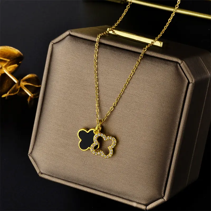 18K Gold Plated Stainless Steel Double Layer Four Leaf Clover Pendant Necklace For Women Shell Crystal Jewelry