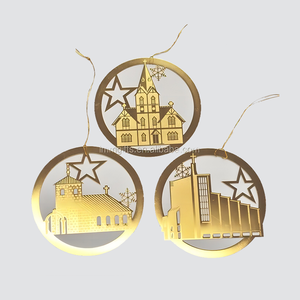 Factory Wholesale Best Quality Creative Brass 85mm Circle <b>Star</b> House Pattern Embossed Christmas Ornament <b>for</b> <b>Tree</b> Decoration - Product Image 1