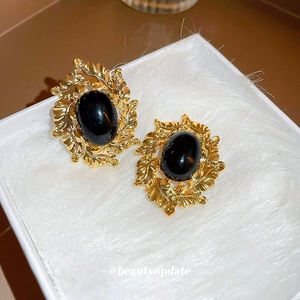 Boucles d'oreilles rétro en diamant pour femmes, aiguille en argent, feuille d'or, grand modèle, ovale noir en alliage, pour les fêtes, les mariages, cadeau - Product Image 2