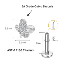 JiaXin ASTM-F136 Titanium Tanpa Ulir Pin Dorong Belakang Datar Stud Labret Medusa Conch Lobus Bunga Zirkonia Kubik Perhiasan Tindik Tubuh 16G
