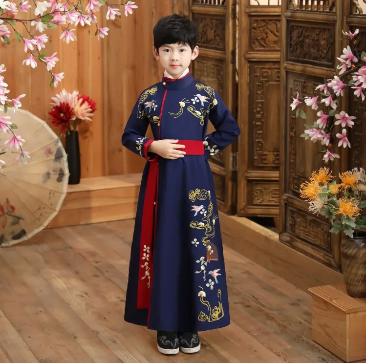 Hanfu Anak Laki-laki Harga Grosir Murah Pakaian Anak-anak Tradisional Cina Gaya Sederhana Hanfu Hijau Harian untuk Anak Laki-laki Muda